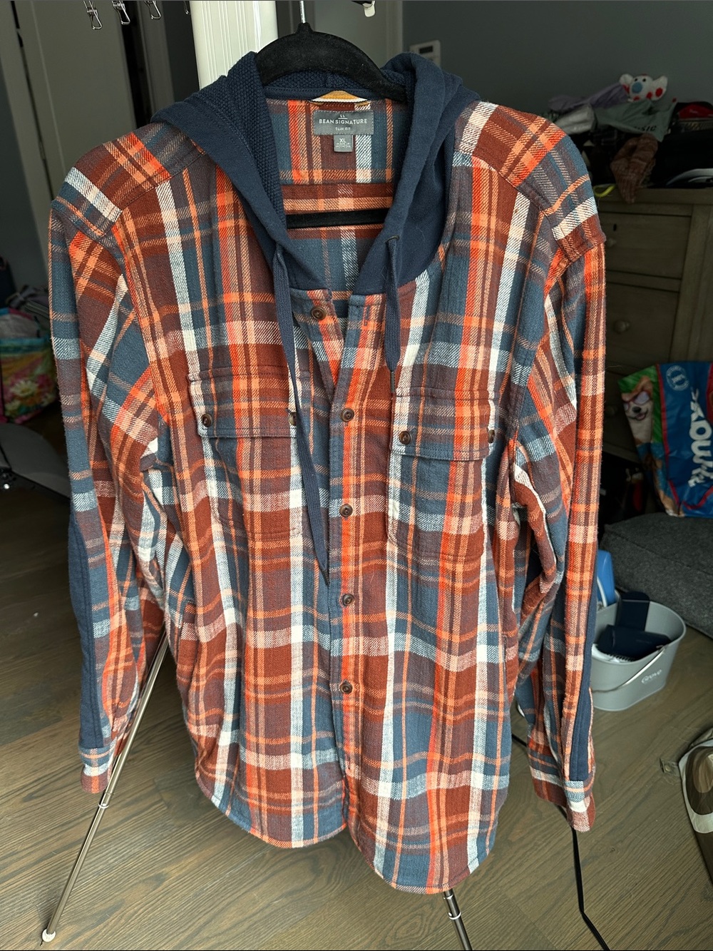 L.L. Bean Men's Orange and Blue Plaid Hooded Button-Up Shirt Jacket